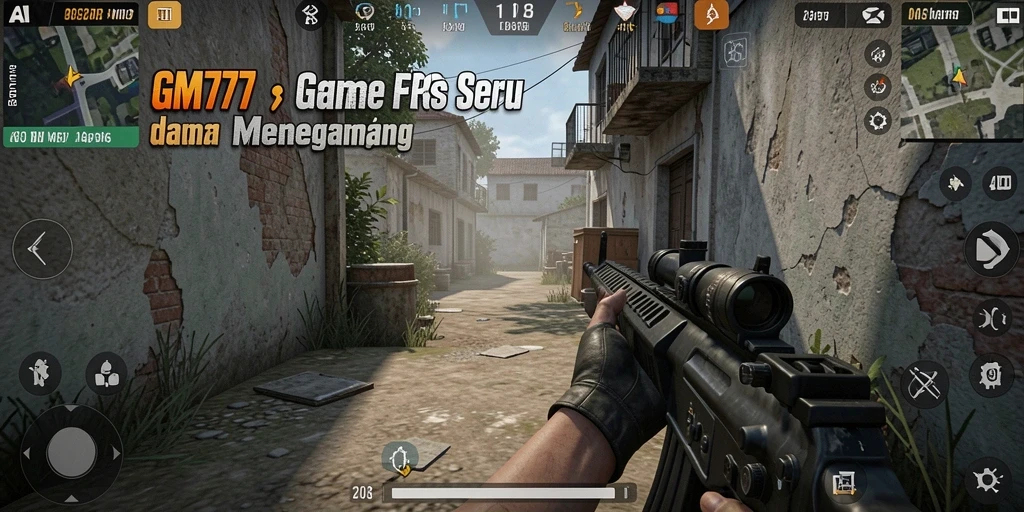 Screenshot utama GM777 menampilkan aksi tembak-menembak yang intens.