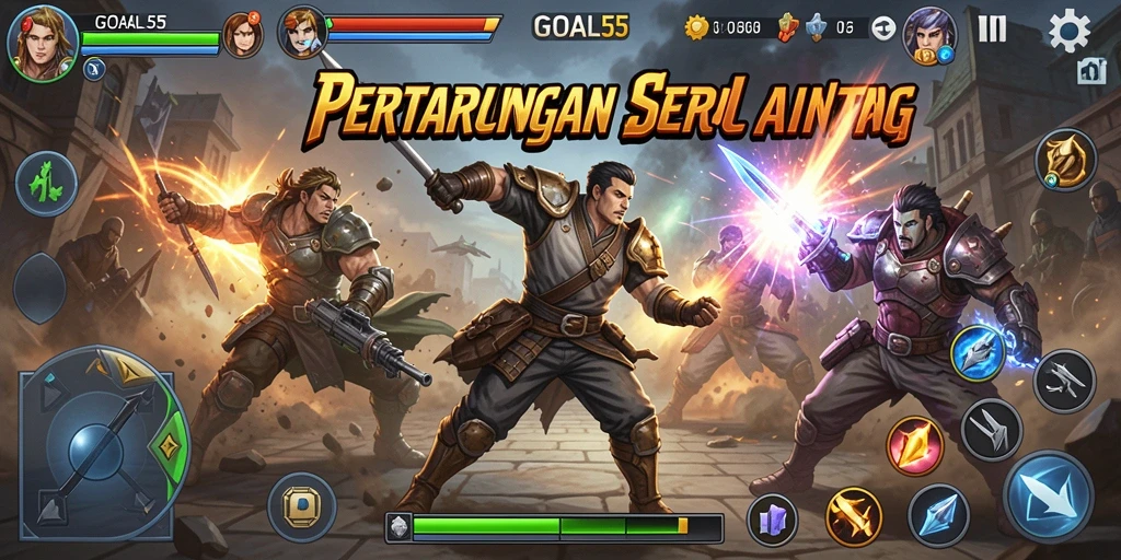Screenshot utama menunjukkan duel seru dalam gameplay Fighting.